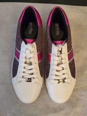 BRAND NEW MICHAEL KORS WOMEN'S PINK SILVER and WHITE METALLIC SNEAKERS  NWOT